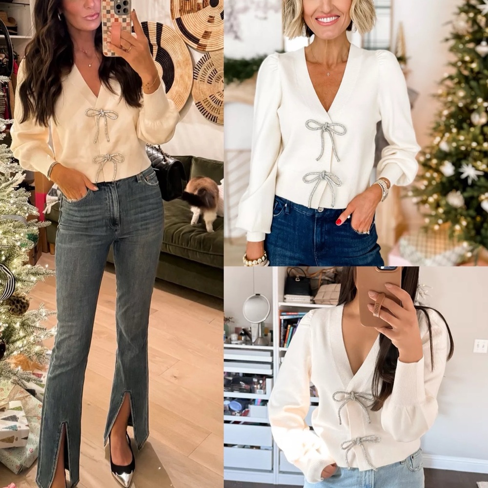 COPY - Express -viral ✨Holidays✨ivory embellished rhinestone bow front sweater …